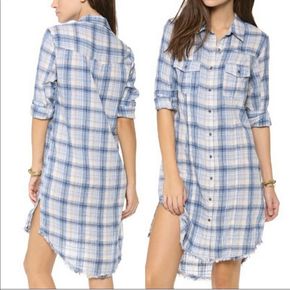 Free People Plaid Dress Button front Raw hems